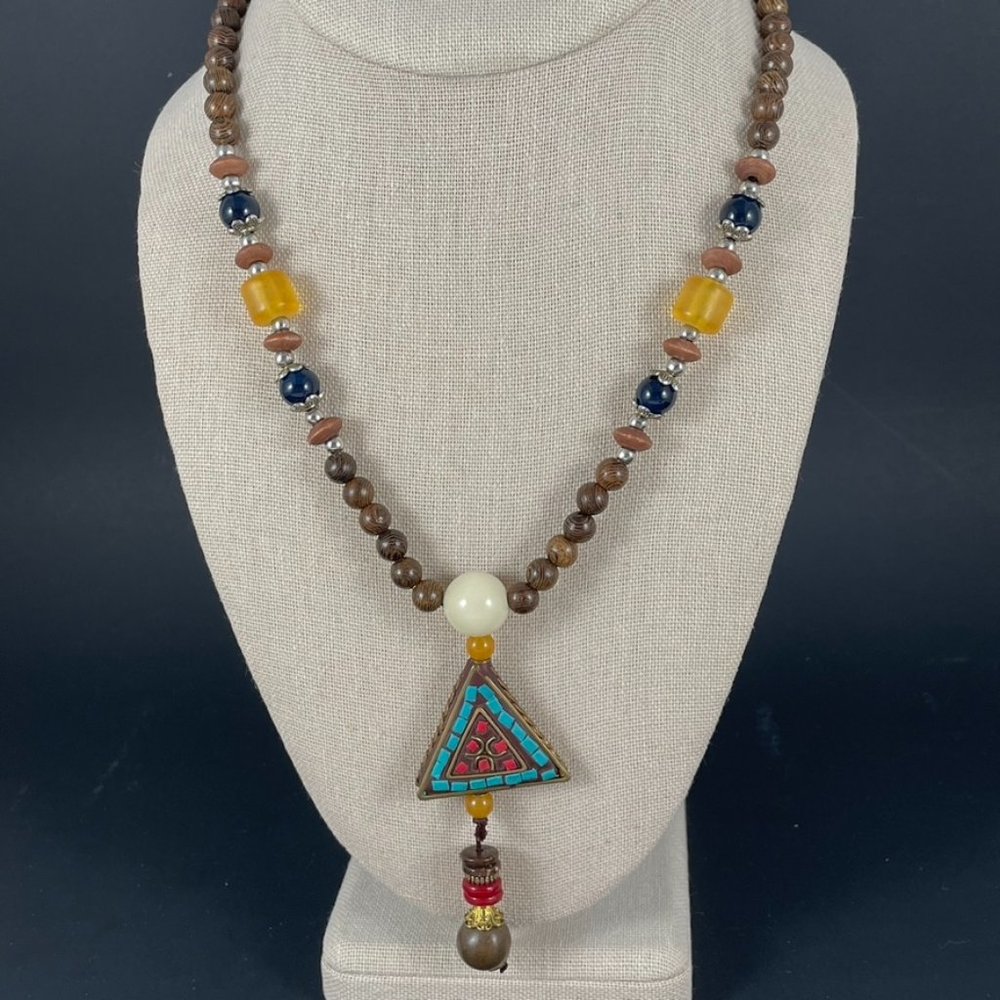 44" Multicolored Necklace with a Triangle Piece Holding a 3.5 " Dangle